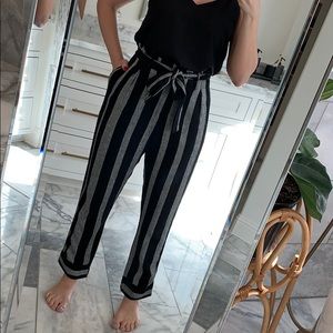 Black/grey linen paper bag waist pants